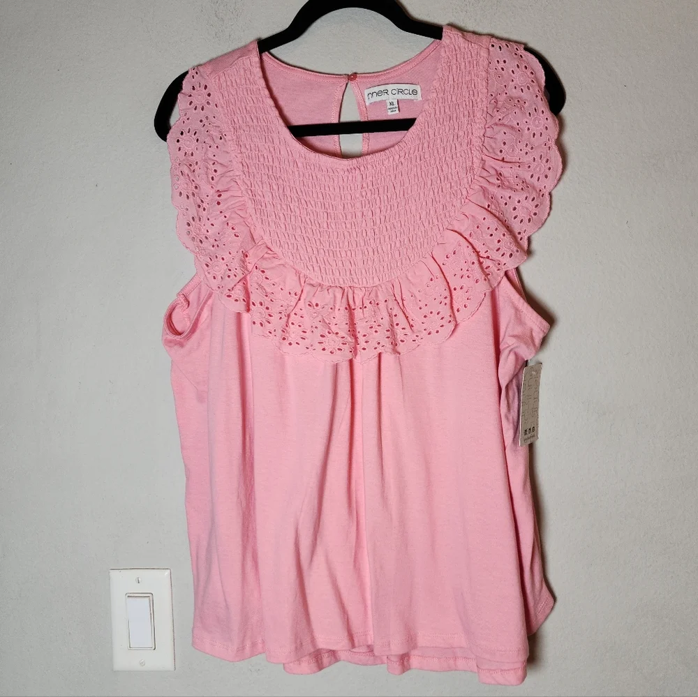 NWT Inner Circle 100% Cotton Pink Smocked Eyelet Sleeveless Top Size XL - Picture 13 of 15